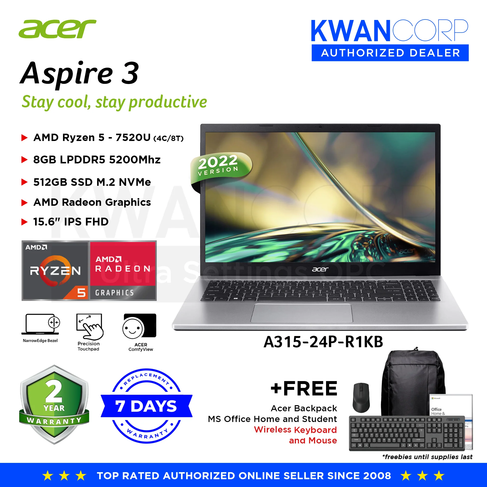 Acer Aspire 3 (2022) A315-24P-R1KB AMD AMD RAM 8GB - Ryzen 5 7520U Rad