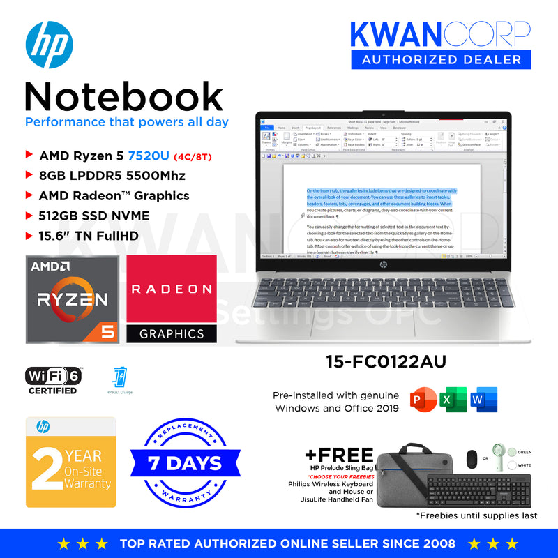 HP Notebook 15-FC0122AU AMD Ryzen 5 7520U 8GB RAM AMD Radeon™ Graphics 512GB SSD 15.6" FullHD Windows 11 Mainstream Laptop