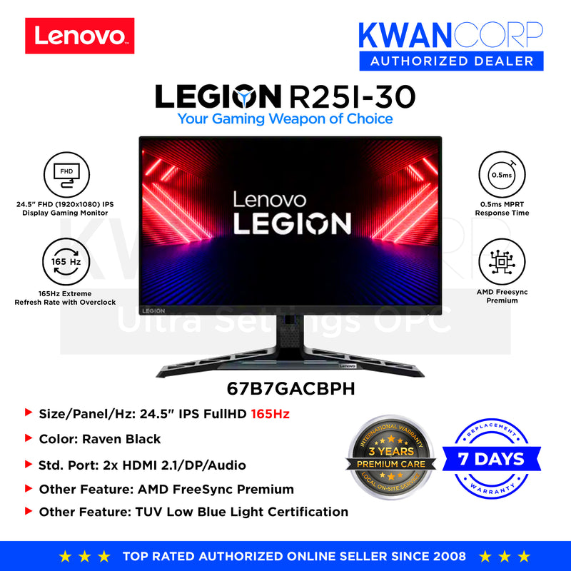 Lenovo Legion R25I-30. 67B7GACBPH 24.5IN FHD IPS 165HZ FREESYNC HDMI DP SPKR 90% Monitor