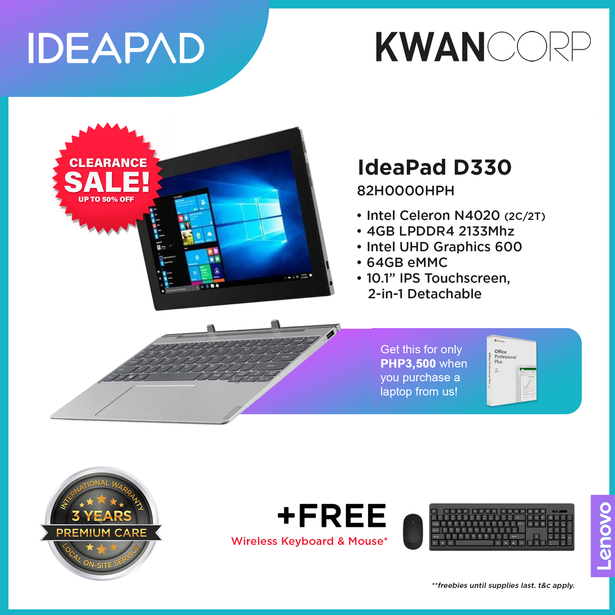 Lenovo IdeaPad D330 82H0000HPH Intel Celeron N4020 4GB RAM Intel UHD  Graphics 600 10.1