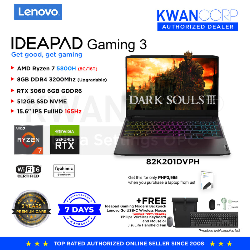 Lenovo Gaming 3 82K201DVPH AMD Ryzen 7 5800H RTX 3060 6GB 512GB SSD 15.6" IPS FHD 165Hz Windows 11 Gaming Laptop