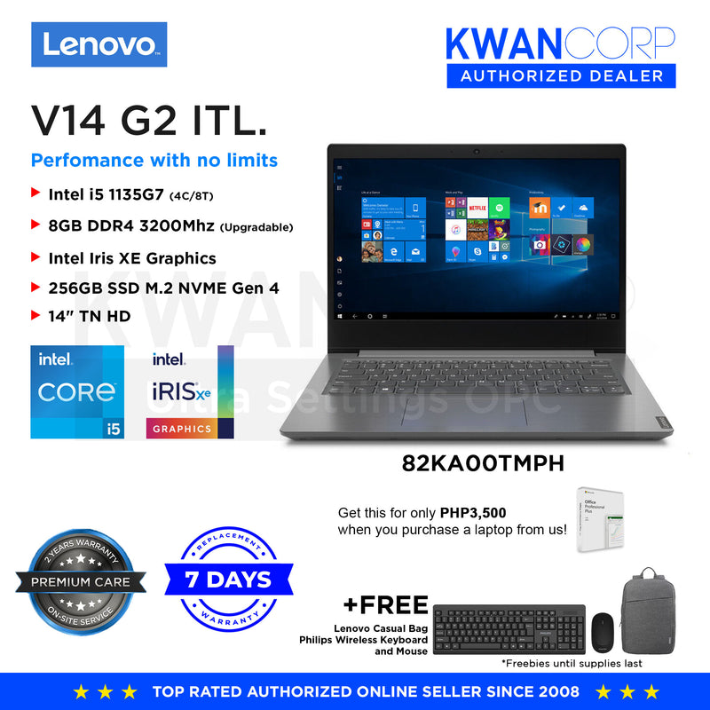 Lenovo V14 G2 ITL. 82KA00TMPH Intel i5 1135G7 8GB RAM Intel Iris XE Graphics 256GB SSD 14" TN Windows 11 Mainstream Laptop