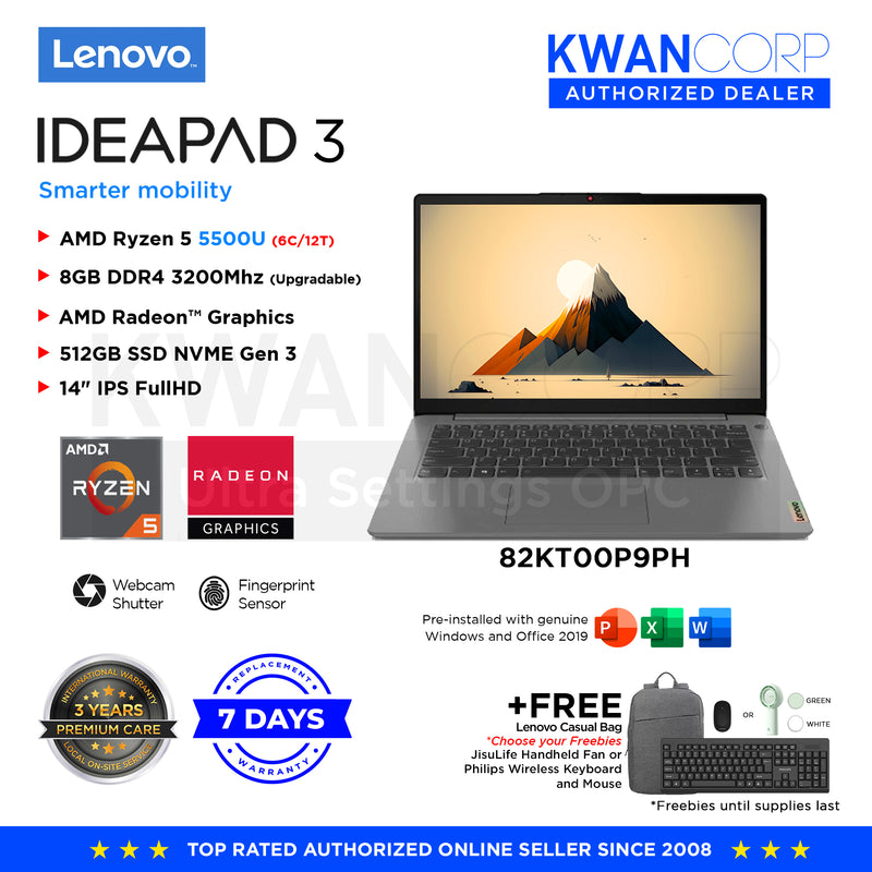 Lenovo IdeaPad 3 82KT00P9PH AMD Ryzen 5 5500U 8GB RAM AMD Radeon™ Graphics 512GB SSD M.2 14" IPS FHD Windows 11 Laptop