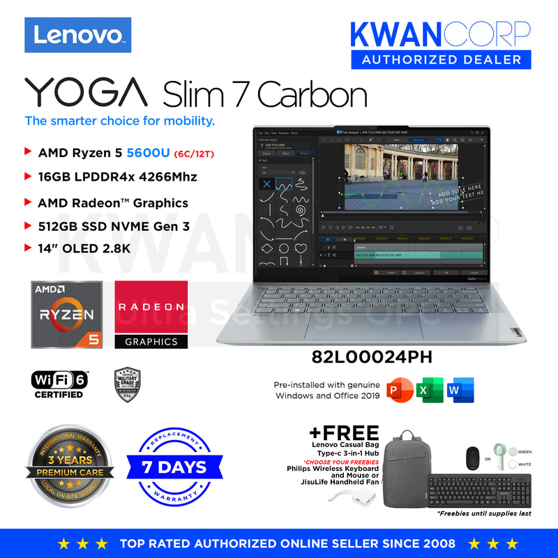 Lenovo Yoga Slim 7 Carbon. 82L00024PH AMD Ryzen 5 5600U 16GB AMD Radeon™ Graphics 512GB SSD 14" OLED 2.8K Windows 11 Premium Laptop