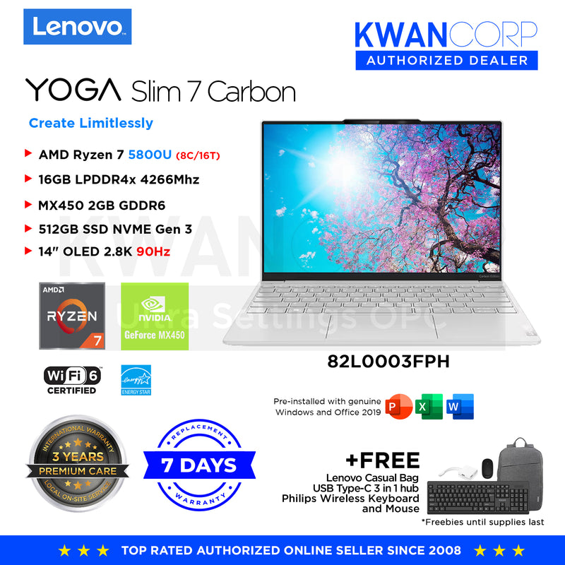 Lenovo Yoga Slim 7 Carbon. 82L0003FPH AMD Ryzen 7 5800U 16GB MX450 2GB 512GB SSD 14" OLED 2.8K 90Hz Windows 11 Premium Laptop