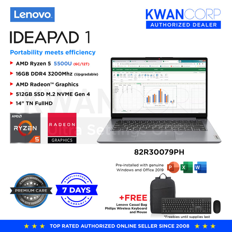 Lenovo IdeaPad 1. 82R30079PH AMD Ryzen 5 5500U 16GB RAM AMD Radeon™ Graphics 512GB SSD M.2 14" FullHD Windows 11 Mainstream Laptop