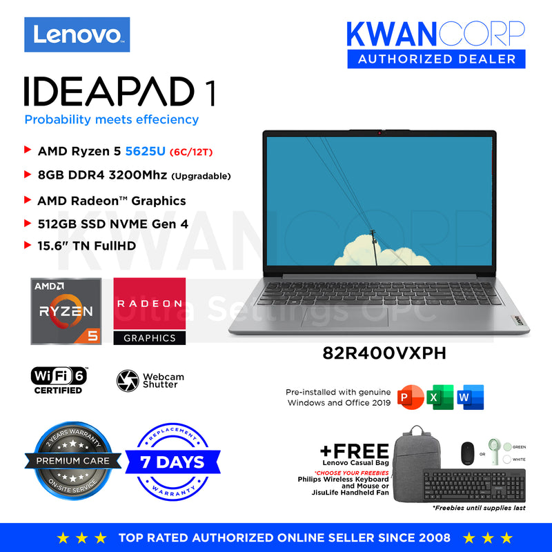 Lenovo IdeaPad 1. 82R400VXPH AMD Ryzen 5 5625U 8GB RAM AMD Radeon™ Graphics 512GB SSD 15.6" FullHD 1920x1080 Windows 11 Mainstream Laptop