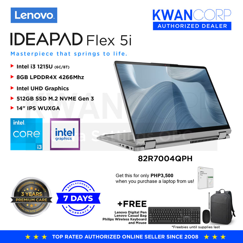 Lenovo IdeaPad Flex 5i.	82R7004QPH Intel i3 1215U 8GB RAM Intel UHD Graphics 512GB SSD 14" IPS WUXGA Windows 11 Mainstream Laptop