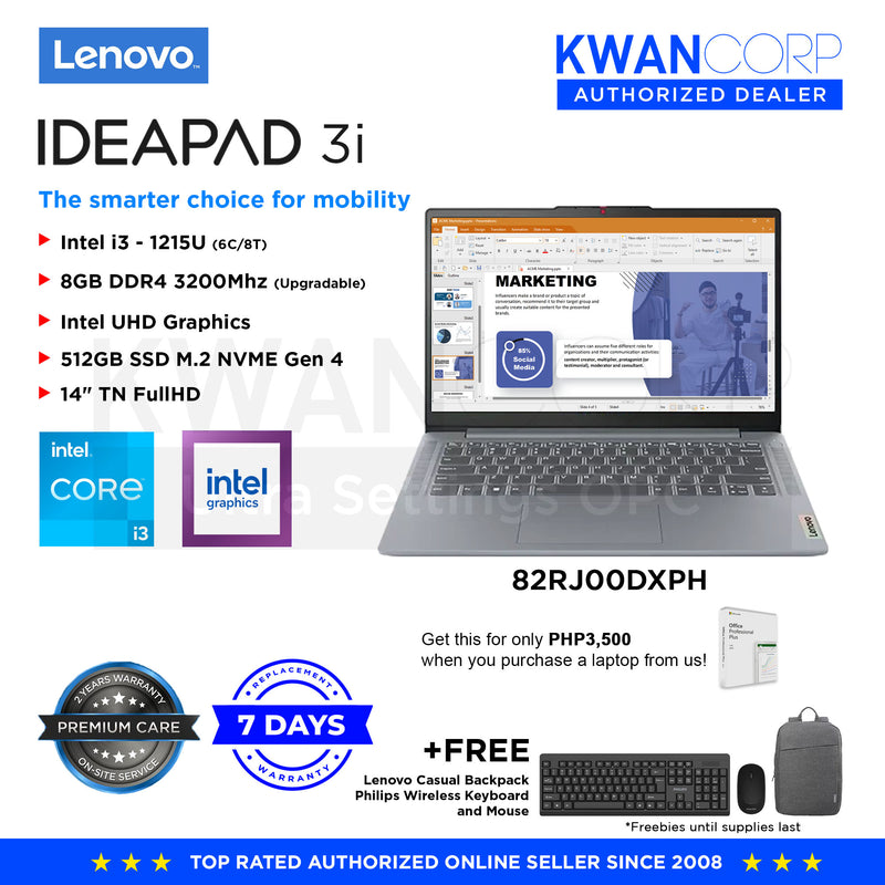 Lenovo IdeaPad 3i. 82RJ00DXPH Intel i3 1215U 8GB RAM Intel UHD Graphics 512GB SSD 14" FullHD Windows 11 Mainstream Laptop