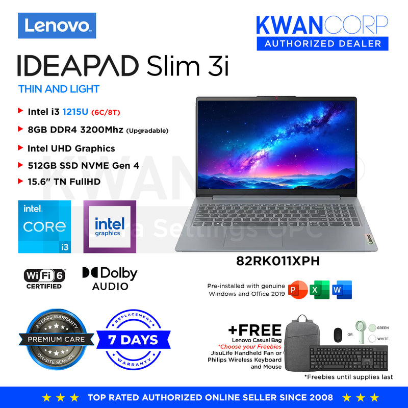 Lenovo IdeaPad Slim 3i. 82RK011XPH Intel i3 1215U 8GB RAM Intel UHD Graphics 512GB SSD 15.6" TN FullHD Windows 11 Mainstream Laptop