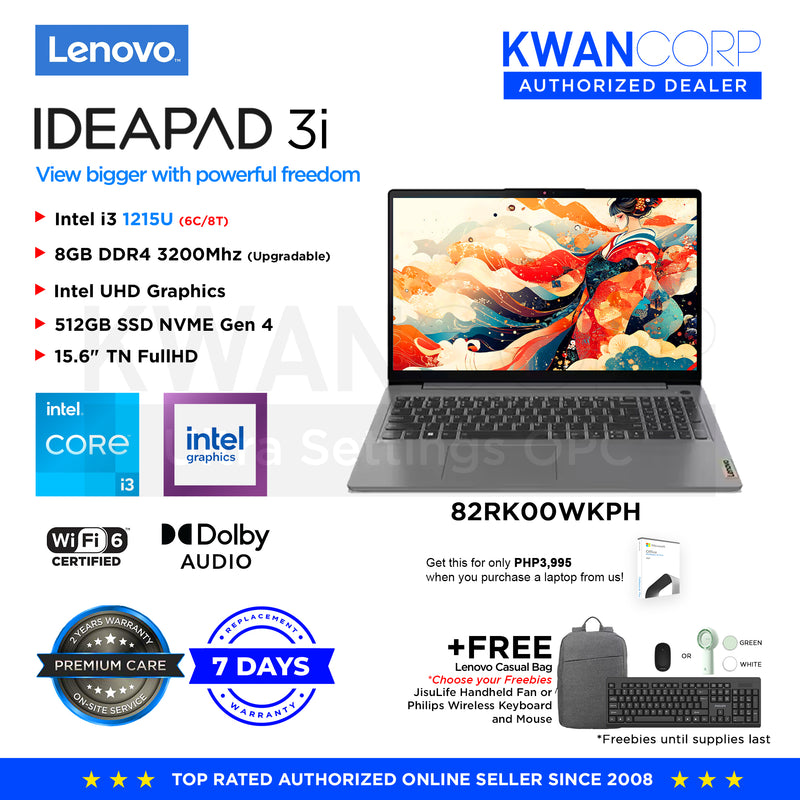 Lenovo IdeaPad 3i 82RK00WKPH Intel i3 1215U 8GB RAM Intel UHD Graphics 512GB SSD Gen 4 15.6" FHD Windows 11 Mainstream Laptop