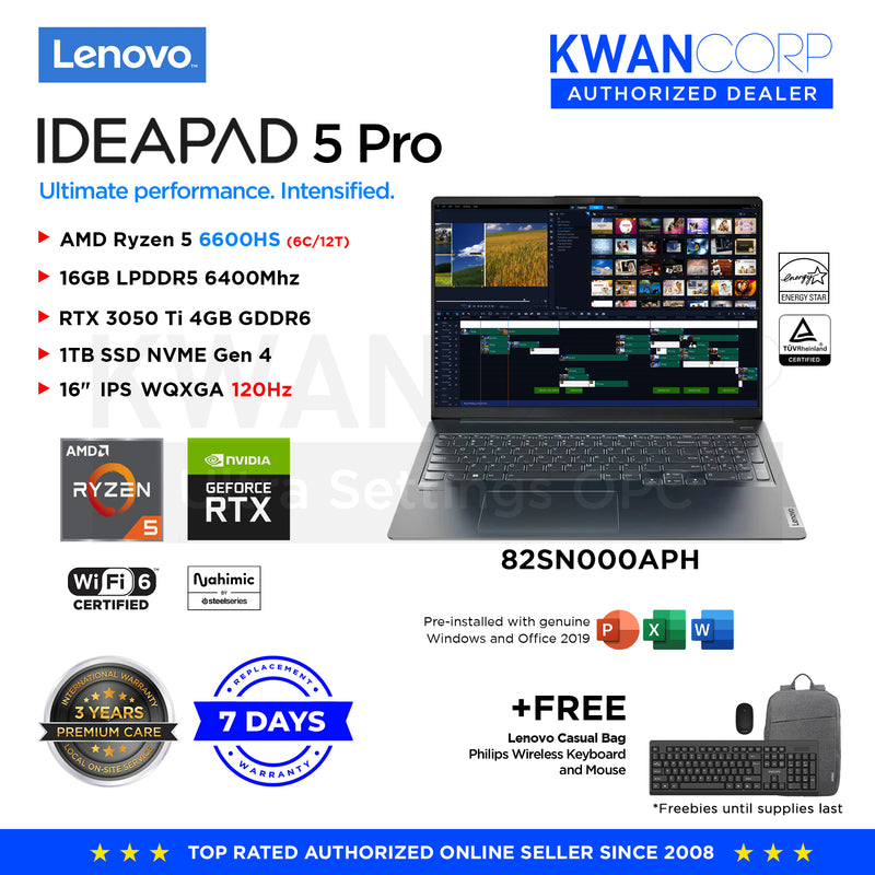 Lenovo IdeaPad 5 Pro. 82SN000APH AMD Ryzen 5 16GB RAM RTX 3050 Ti 4GB 1TB SSD 16" IPS WQXGA 120Hz Windows 11 Premium Laptop