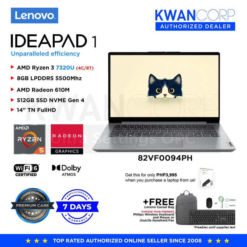 Lenovo IdeaPad 1 82VF0094PH AMD Ryzen 3 7320U 8GB RAM AMD Radeon 610M 512GB SSD 14" FullHD Windows 11 Mainstream Laptop