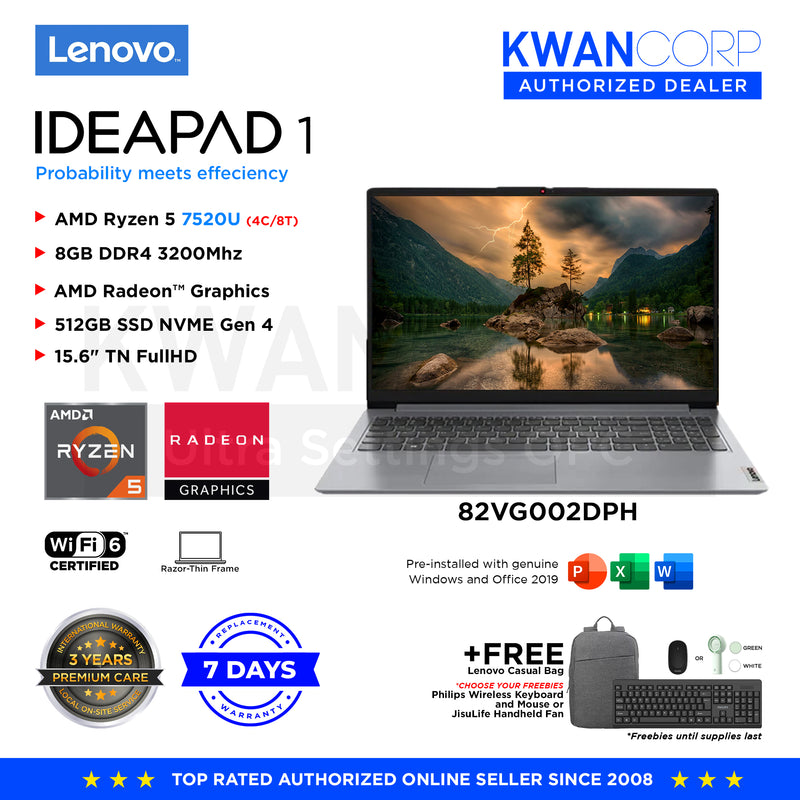 Lenovo IdeaPad 1  82VG002DPH AMD Ryzen 5 7520U 8GB RAM AMD Radeon™ Graphics 512GB SSD Gen 4 15.6" FHD Mainstream Laptop