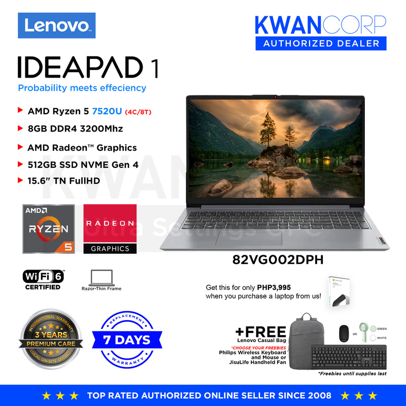 Lenovo IdeaPad 1  82VG002DPH AMD Ryzen 5 7520U 8GB RAM AMD Radeon™ Graphics 512GB SSD Gen 4 15.6" FHD Mainstream Laptop