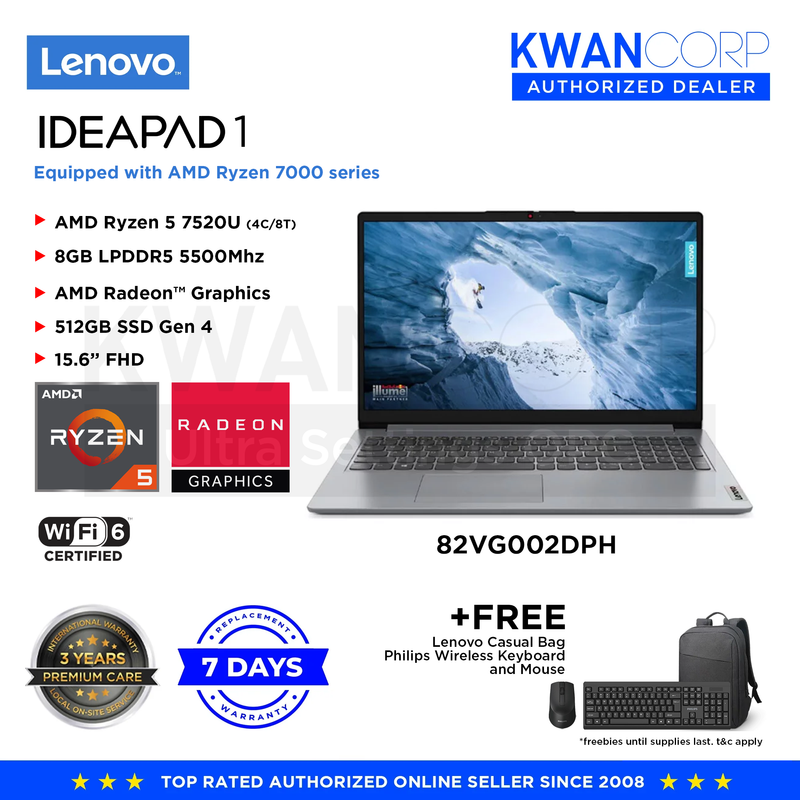 Lenovo IdeaPad 1  82VG002DPH AMD Ryzen 5 7520U 8GB RAM AMD Radeon™ Graphics 512GB SSD Gen 4 15.6" FHD Mainstream Laptop