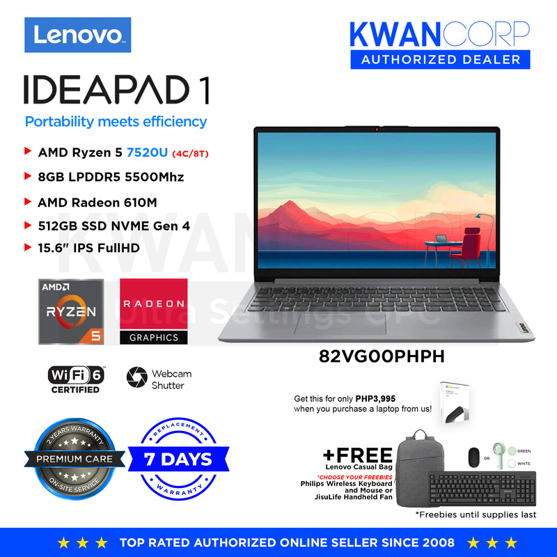 Lenovo IdeaPad 1. 82VG00PHPH AMD Ryzen 5 7520U 8GB RAM AMD Radeon 610M 512GB SSD 15.6" IPS FullHD Windows 11 Mainstream Laptop