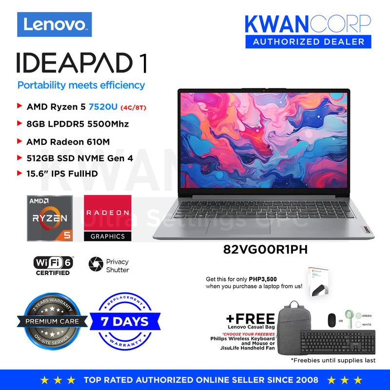 Lenovo IdeaPad 1. 82VG00R1PH AMD Ryzen 5 7520U 8GB RAM AMD Radeon 610M 512GB SSD 15.6" IPS FullHD Windows 11 Mainstream Laptop