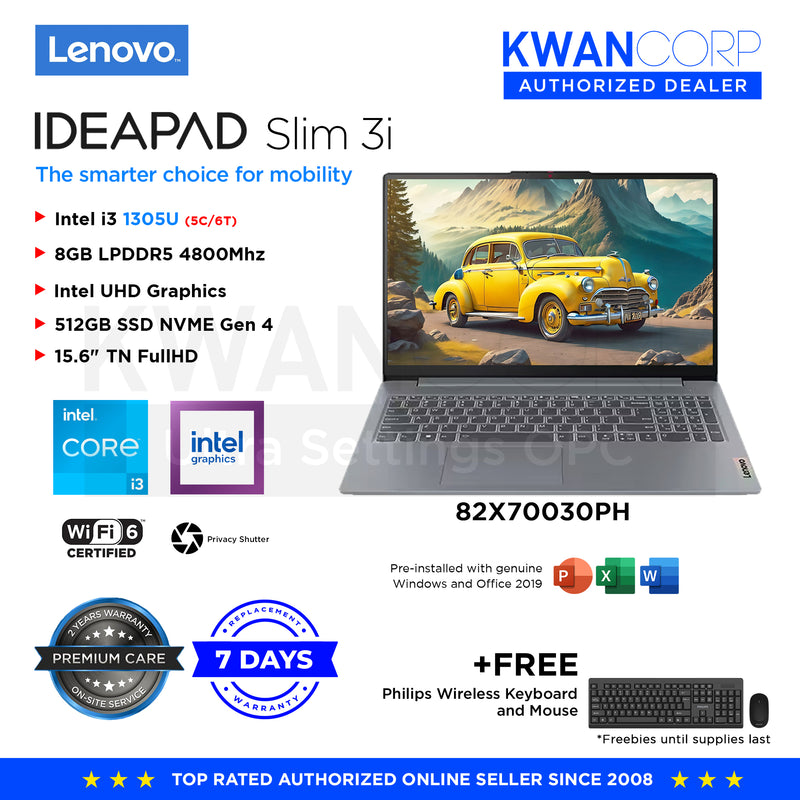 Lenovo IdeaPad Slim 3i. 82X70030PH Intel i3 1305U 8GB RAM Intel UHD Graphics 512GB SSD 15.6" FullHD Windows 11 Mainstream Laptop