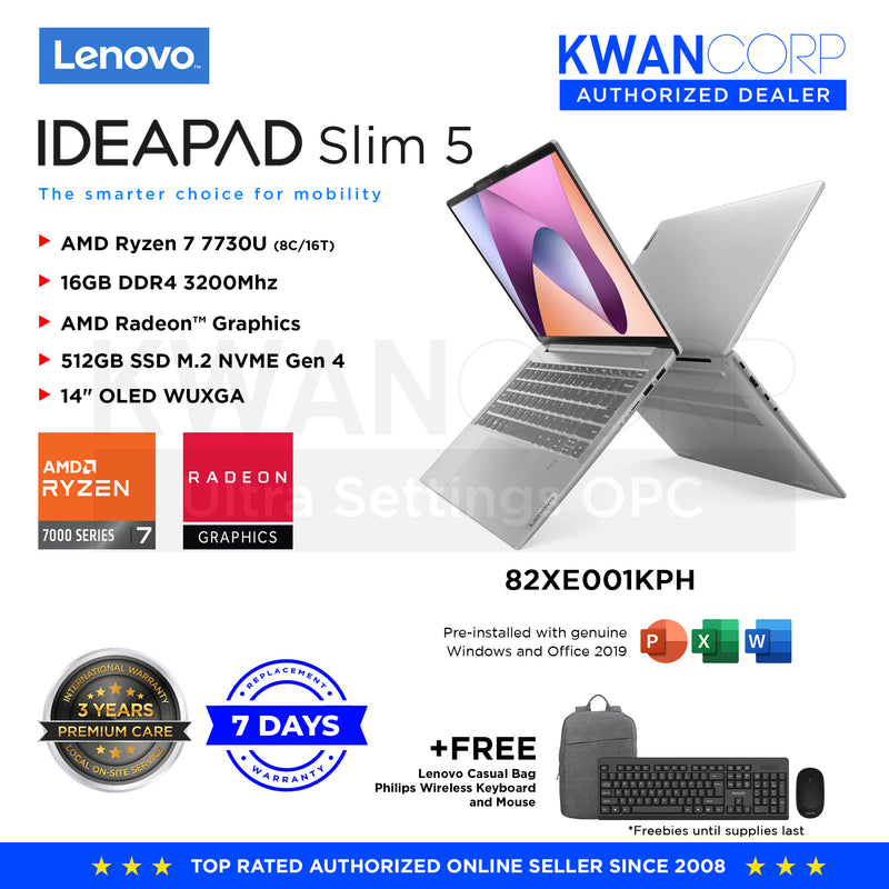 Lenovo IdeaPad Slim 5. 82XE001KPH AMD Ryzen 7 7730U 16GB RAM AMD Radeon™ Graphics 512GB RAM 14" OLED WUXGA Windows 11 Mainstream Laptop