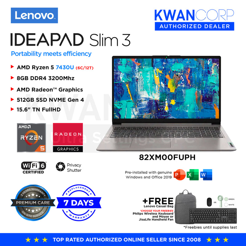 Lenovo IdeaPad Slim 3. 82XM00FUPH AMD Ryzen 5 7430U 8GB RAM AMD Radeon™ Graphics 512GB SSD 15.6" TN FullHD Windows 11 Mainstream Laptop