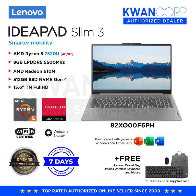 Lenovo IdeaPad Slim 3. 82XQ00F6PH AMD Ryzen 5 7520U 8GB RAM AMD Radeon 610M 512GB SSD 15.6" FullHD Windows 11 Mainstream Laptop