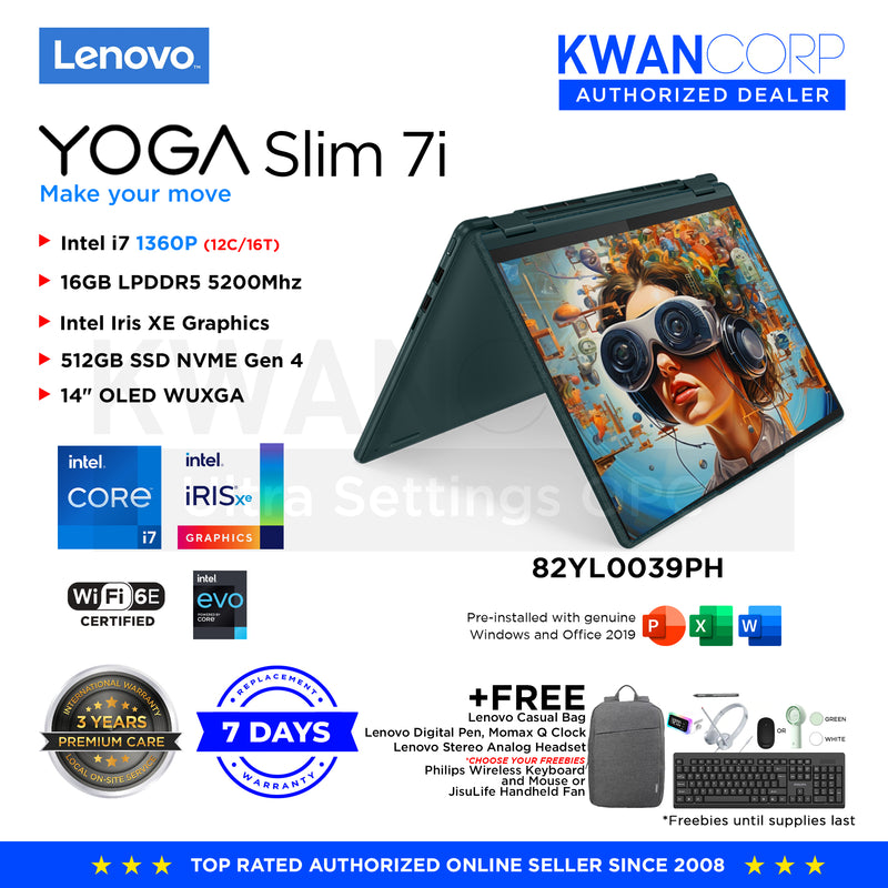 Lenovo Yoga Slim 7i. 82YL0039PH Intel i7 1360P 16GB RAM Intel Iris XE Graphics 512GB SSD 14" OLED WUXGA 60Hz Windows 11 Mainstream Laptop