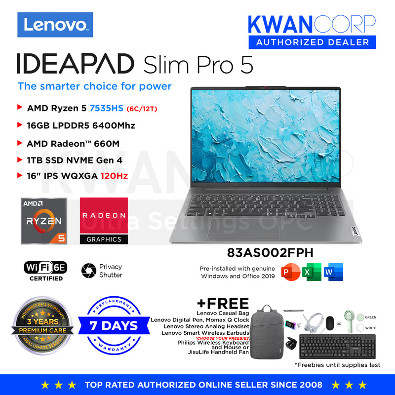 Lenovo IdeaPad Slim Pro 5 83AS002FPH AMD Ryzen 5 7535HS 16GB RAM AMD Radeon™ 660M 1TB SSD 16" IPS WQXGA 120Hz Windows 11 Mainstream Laptop