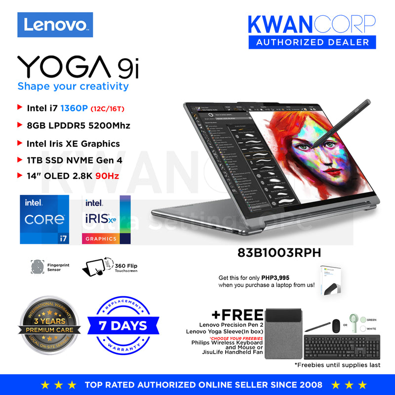 Lenovo Yoga 9i. 83B1003RPH Intel i7 1360P 8GB RAM Intel Iris XE Graphics 1TB SSD 14" OLED 2.8K 90Hz Windows 11 Premium Laptop