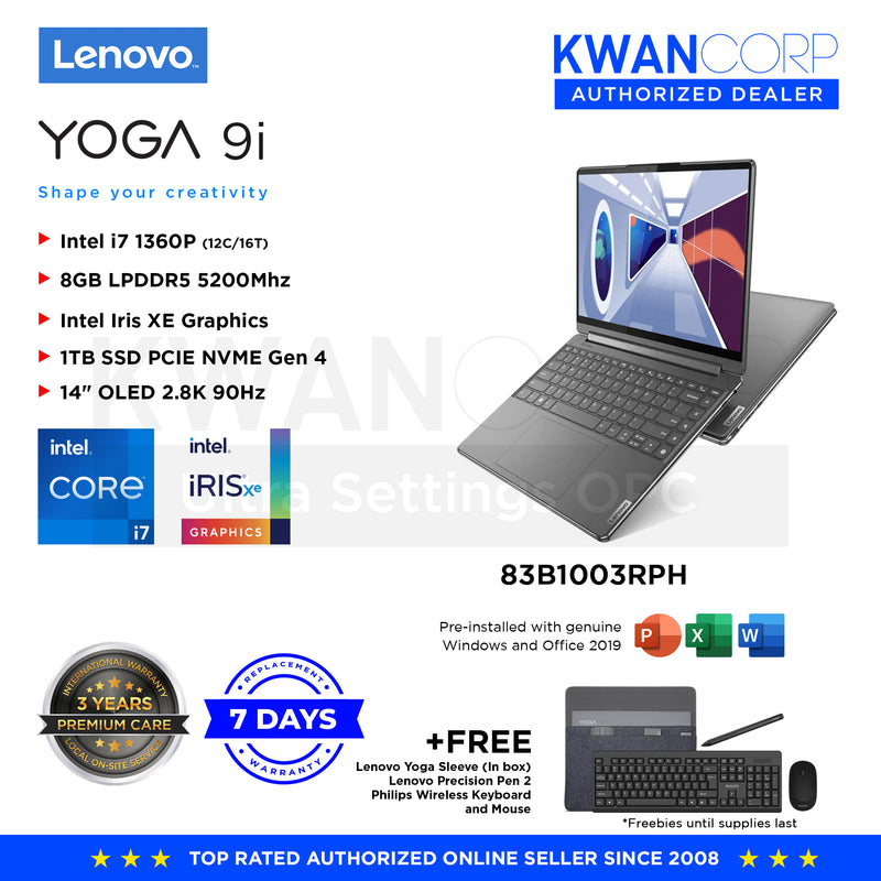 Lenovo Yoga 9i. 83B1003RPH Intel i7 1360P 8GB RAM Intel Iris XE Graphics 1TB SSD 14" OLED 2.8K 90Hz Windows 11 Premium Laptop