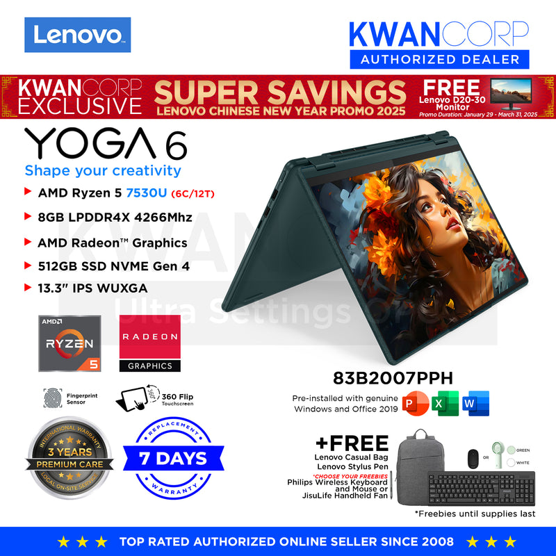 Lenovo Yoga 6 83B2007PPH AMD Ryzen 5 7530U 8GB RAM AMD Radeon™ Graphics 512GB SSD 13.3" IPS WUXGA Windows 11 Premium Laptop