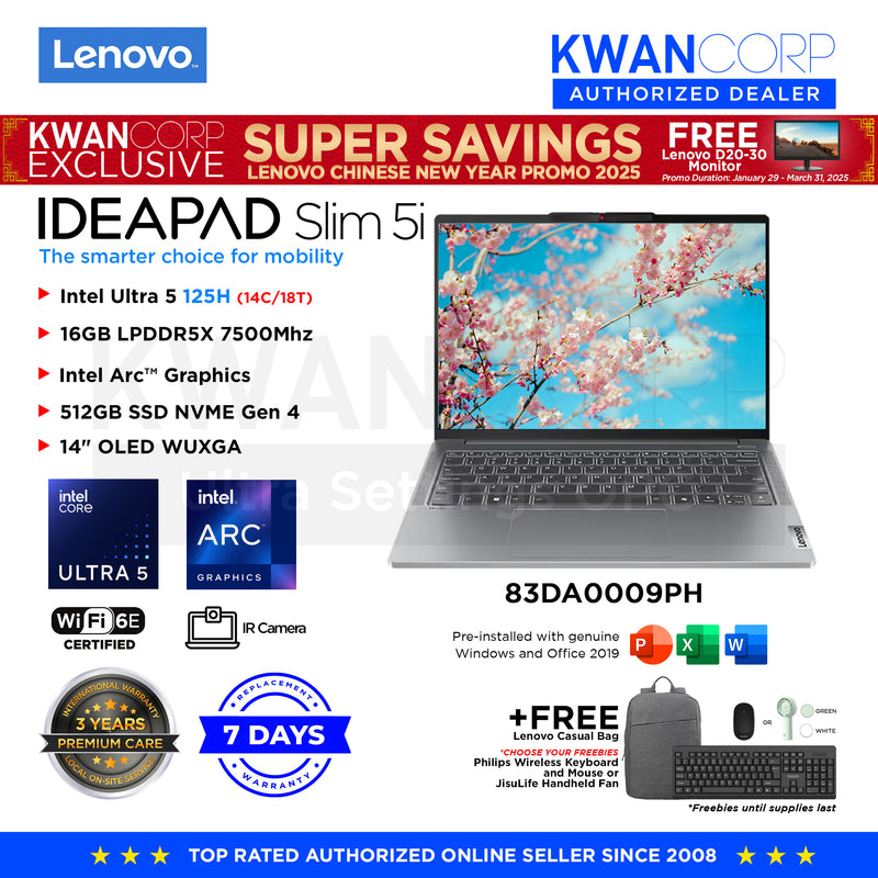 Lenovo IdeaPad Slim 5i 83DA0009PH Intel Ultra 5 125H 16GB RAM Intel Arc™ Graphics 512GB SSD 14" OLED WUXGA Windows 11 Mainstream Laptop