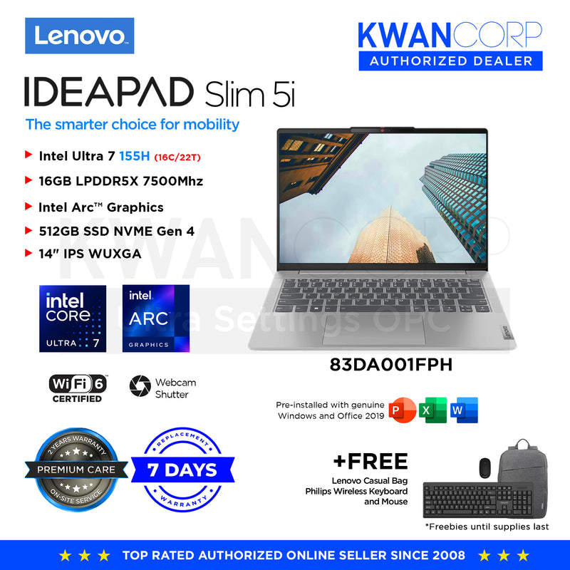 Lenovo IdeaPad Slim 5i. 83DA001FPH Intel Ultra 7 Meteor Lake 155H 16GB RAM Intel Arc™ Graphics 512GB SSD 14" IPS WUXGA Windows 11 Mainstream Laptop