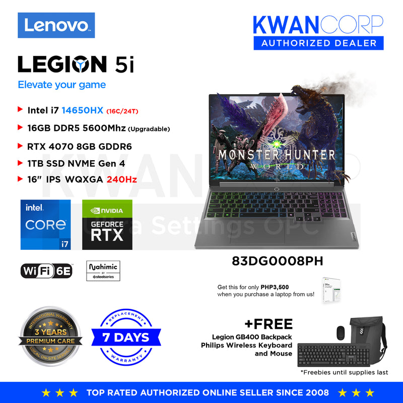 Lenovo Legion 5i. 83DG0008PH Intel i7 14650HX 16GB RAM RTX 4070 8GB 1TB SSD 16" IPS WQXGA 240Hz Windows 11 240Hz Gaming Laptop