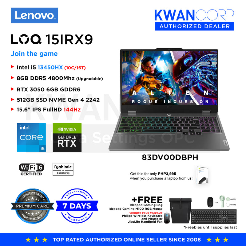 Lenovo LOQ 15IRX9. 83DV00DBPH Intel i5 13450HX 8GB RAM nVIDIA Geforce  RTX 3050 6GB 512GB SSD 15.6" IPS FullHD 144Hz Windows 11 Gaming Laptop