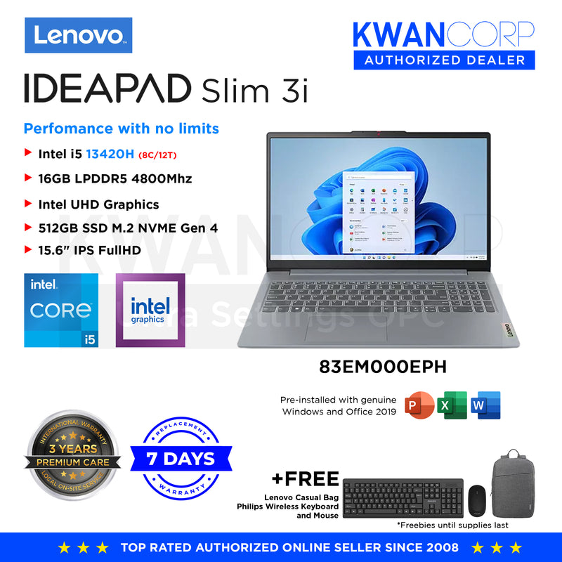 Lenovo IdeaPad Slim 3i 83EM000EPH Intel i5 13420H 16GB RAM Intel UHD Graphics 512GB SSD 15.6" IPS FullHD Windows 11 Mainstream Laptop