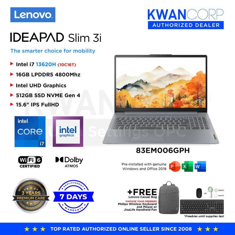 Lenovo IdeaPad Slim 3i. 83EM006GPH Intel i7 13620H 16GB RAM Intel UHD Graphics 512GB SSD 15.6" IPS FullHD Windows 11 Mainstream Laptop