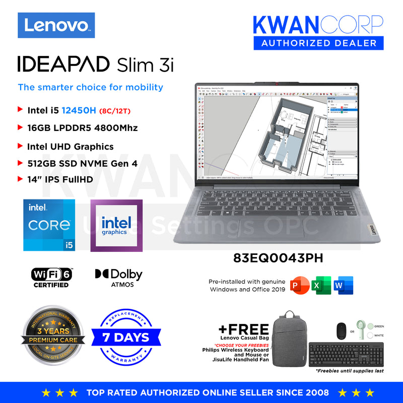 Lenovo IdeaPad Slim 3i 83EQ0043PH Intel i5 12450H 16GB RAM Intel UHD Graphics 512GB SSD 14" IPS FullHD Windows 11 Mainstream Laptop