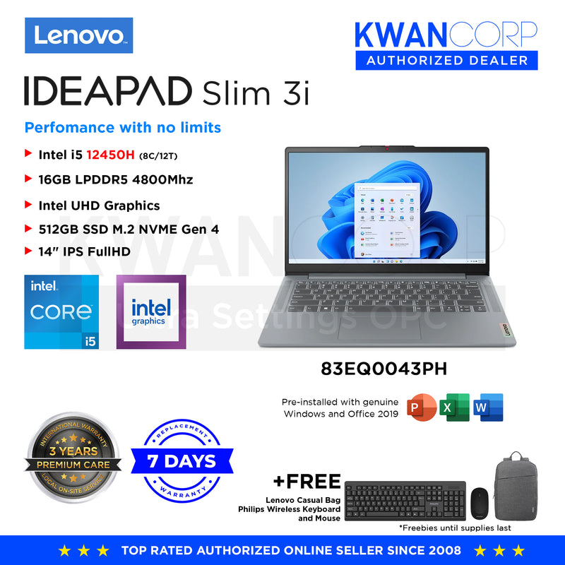 Lenovo IdeaPad Slim 3i 83EQ0043PH Intel i5 12450H 16GB RAM Intel UHD Graphics 512GB SSD 14" IPS FullHD Windows 11 Mainstream Laptop