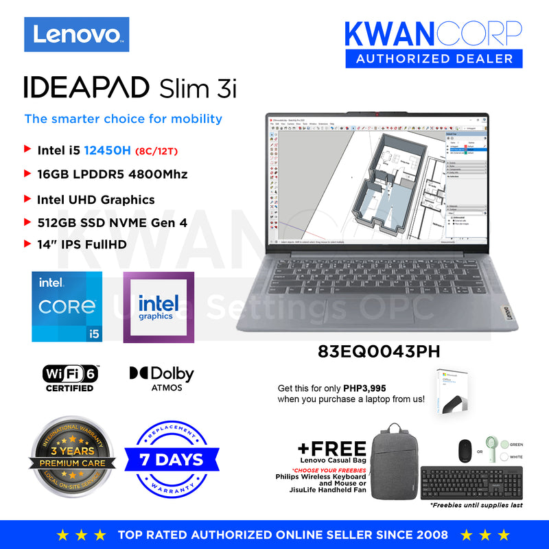 Lenovo IdeaPad Slim 3i 83EQ0043PH Intel i5 12450H 16GB RAM Intel UHD Graphics 512GB SSD 14" IPS FullHD Windows 11 Mainstream Laptop