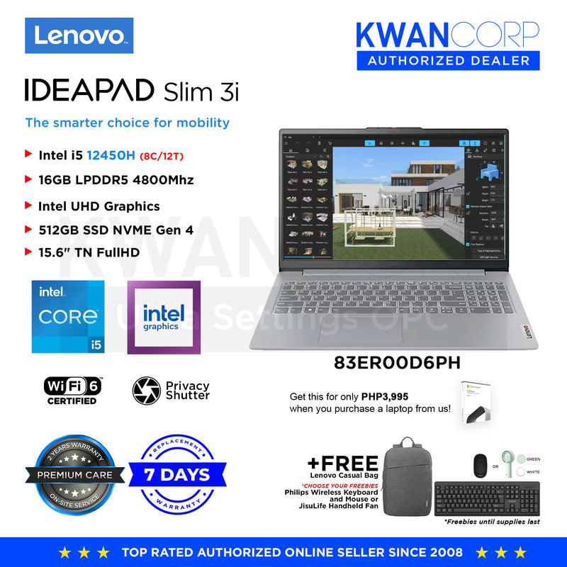 Lenovo IdeaPad Slim 3i 83ER00D6PH Intel i5 12450H 16GB RAM Intel UHD Graphics 512GB SSD 15.6" TN FullHD Windows 11 Mainstream Laptop