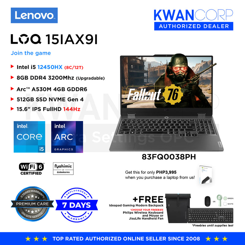 Lenovo LOQ 15IAX9I. 83FQ0038PH Intel i5 12450HX 8GB RAM Arc™ A530M 4GB 512GB SSD 15.6" IPS FullHD 144Hz Windows 11 Gaming Laptop