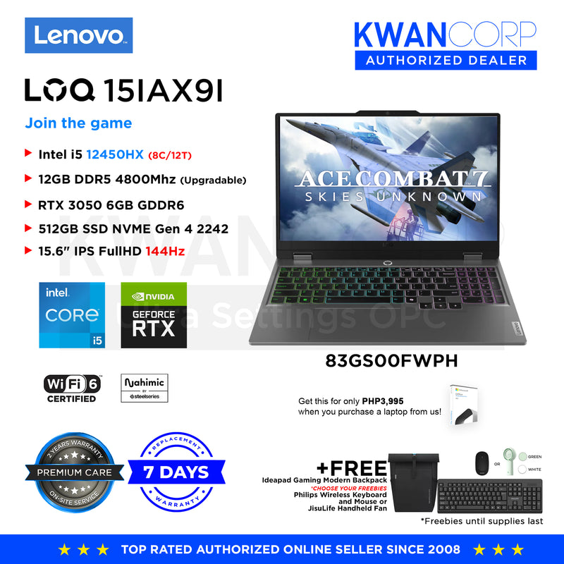 Lenovo LOQ 15IAX9I. 83GS00FWPH Intel i5 12450HX 12GB RTX 3050 6GB 512GB SSD 15.6" IPS FullHD  144Hz Windows 11 Gaming Laptop