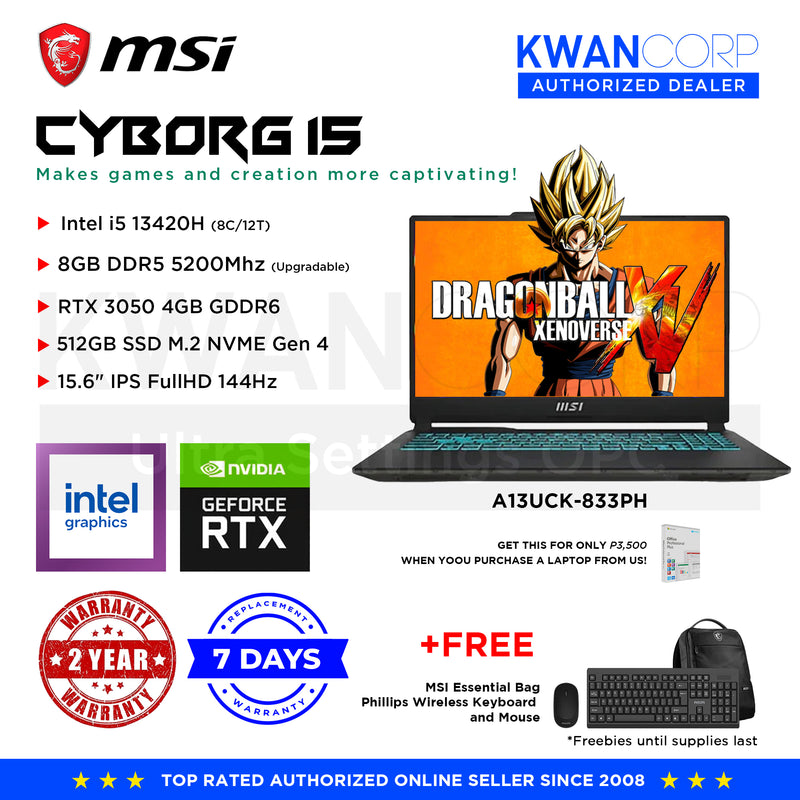 MSI Cyborg 15 A13UCK-833PH Intel i5 13420H 8GB RAM RTX 3050 4GB GDDR6 512GB SSD 15.6" IPS FullHD 1920x1080 144Hz Windows 11 Gaming Laptop