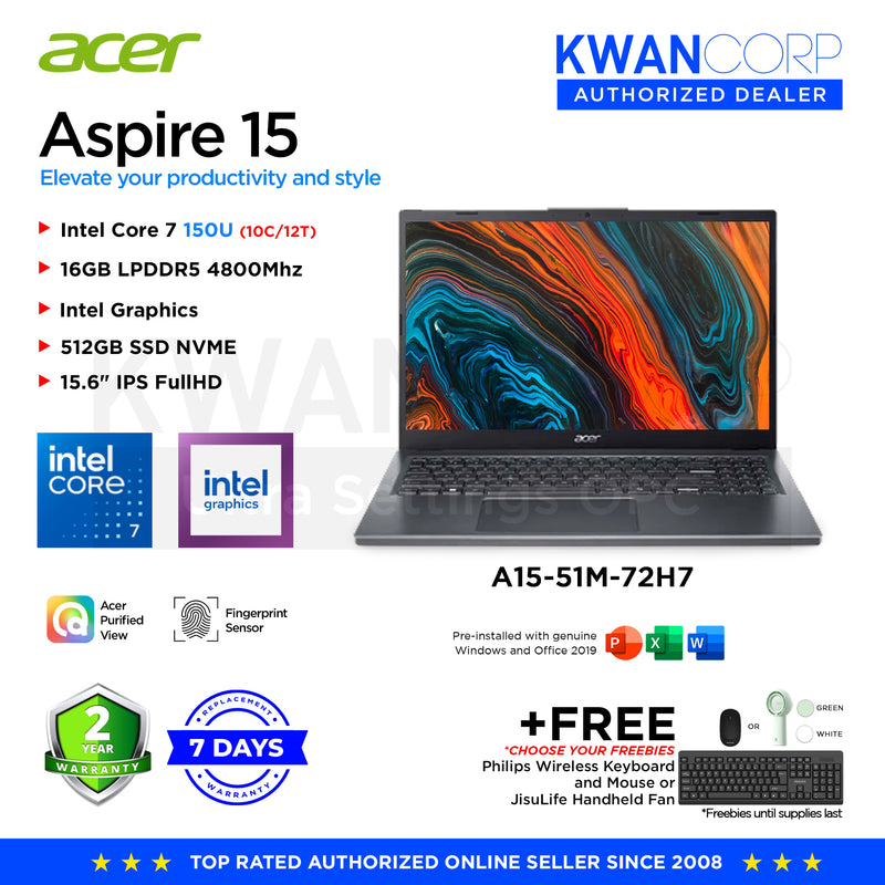 Acer Aspire 15 A15-51M-72H7 Intel Core 7 150U 16GB RAM Intel Graphics 512GB SSD 15.6" IPS FullHD Windows 11 Mainstream Laptop