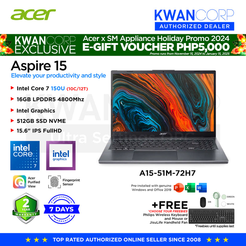 Acer Aspire 15 A15-51M-72H7 Intel Core 7 150U 16GB RAM Intel Graphics 512GB SSD 15.6" IPS FullHD Windows 11 Mainstream Laptop