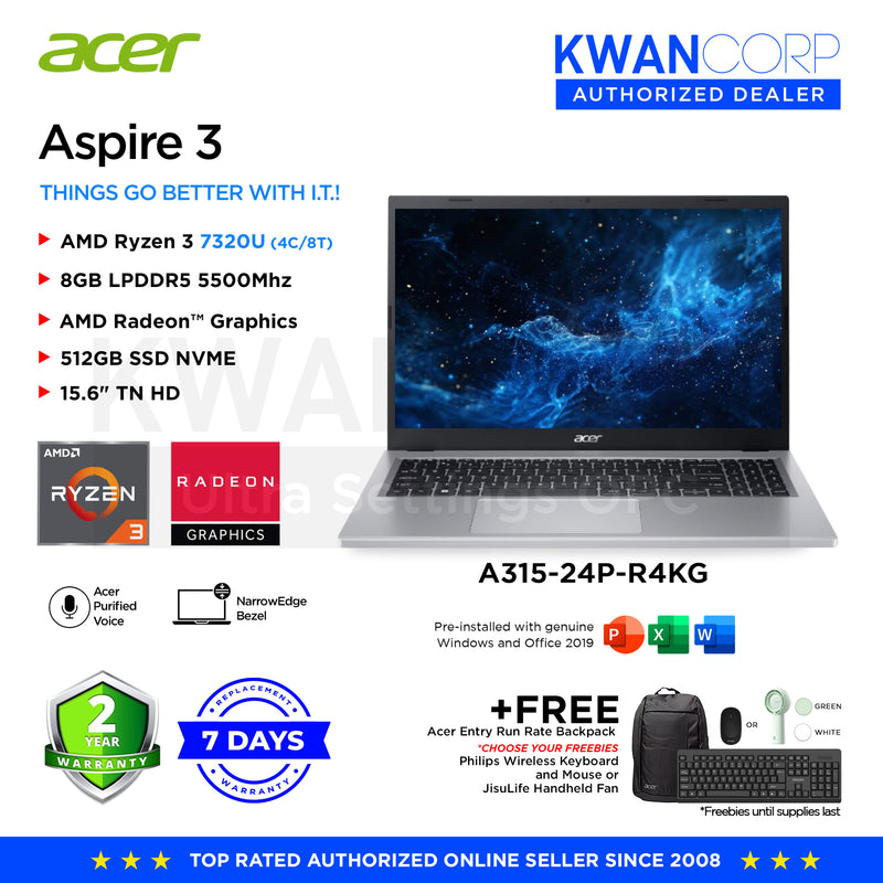 Acer Aspire 3. A315-24P-R4KG AMD Ryzen 3 7320U 8GB AMD Radeon™ Graphics 512GB SSD 15.6" TN HD  60Hz Windows 11 Mainstream Laptop