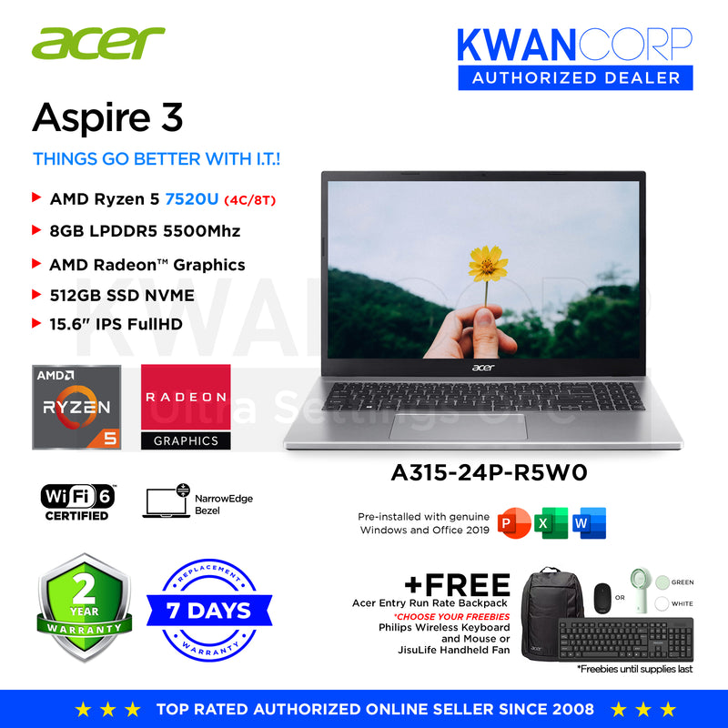 Acer Aspire 3. A315-24P-R5W0 AMD Ryzen 5 7520U 8GB RAM AMD Radeon™ Graphics 512GB SSD 15.6" IPS FullHD Windows 11 Mainstream Laptop