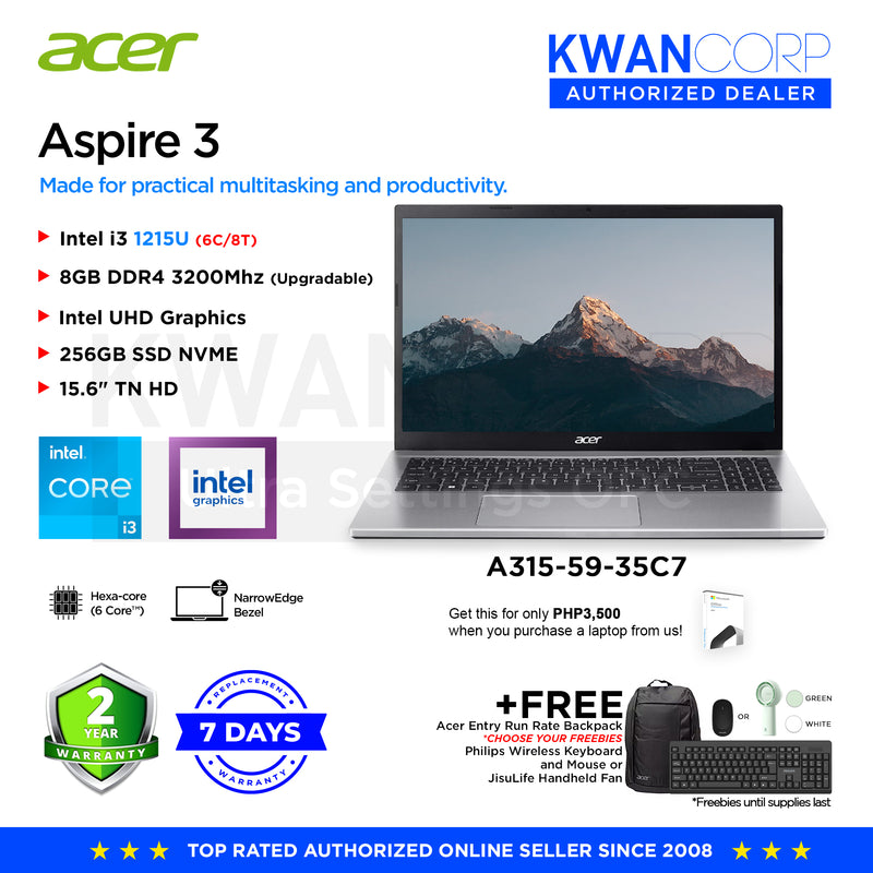 Acer Aspire 3. A315-59-35C7 Intel i3 1215U 8GB RAM Intel UHD Graphics 256GB SSD 15.6" HD Windows 11 Mainstream Laptop