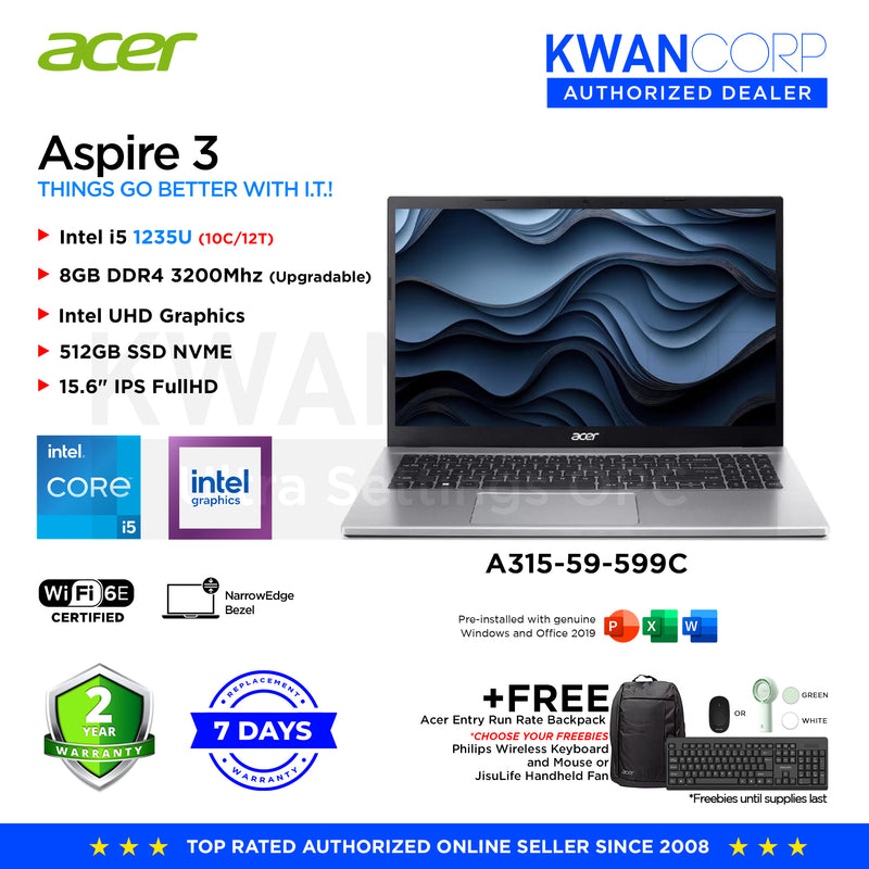 Acer Aspire 3. A315-59-599C Intel i5 1235U 8GB RAM Intel UHD Graphics 512GB SSD 15.6" IPS FullHD Windows 11 Mainstream Laptop